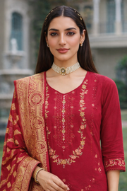 Wine Red Embroidered Viscose Kurti Set with Dupatta